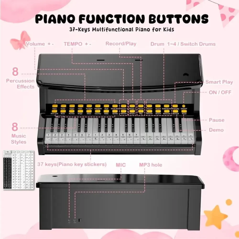 Toy Pianos for Kids Ages 3-7 with Keyboard Stickers, Learning Beginners 37 Keys - Picture 3 of 7